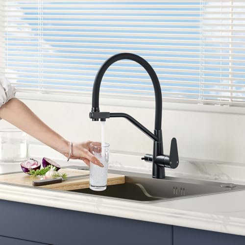 LakeBayMZC Robinet de cuisine 3 voies,Mélangeur 3 en 1 pour filtre à eau,Robinet d'eau potable avec 2 leviers,360° rotatif,Trois voies cuisine acier inoxydable SUS 304,Noir mat