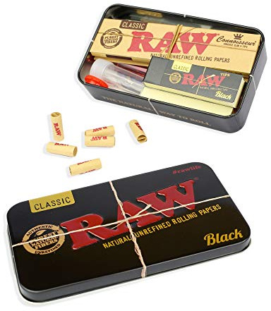 BIGSMOKESUPPLIES - Black Pocket Smokers Rolling Tin Gift Set - Papers & Filter Tips, Tubes, Glass Tip, Connoisseur, Raw Travel Tin