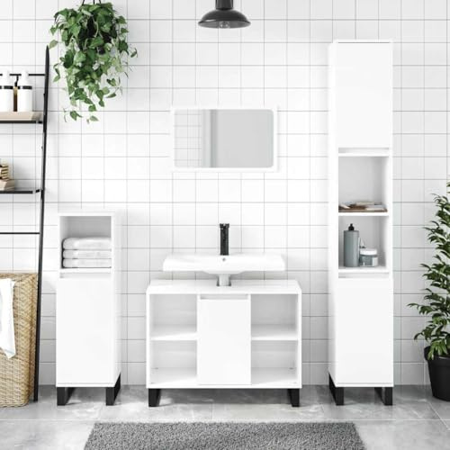 Myheimly Badezimmerschrank,Waschbeckenunterschrank mit viel Stauraum,Badschrank mit Eisenbeinen, Bad Unterschrank Waschbeckenschrank Badmöbel Hochglanz-Weiß