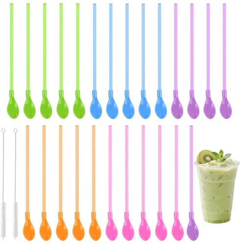 FLEXNOVA 25 Stück Strohhalm Löffel Plastik Bunt, Slush Strohhalme Latte Macchiato Löffel mit Strohhalm, 2 in 1 Löffelstrohhalme Wiederverwendbare löffel-trinkhalme für Cocktails,Smoothies,Milchshakes