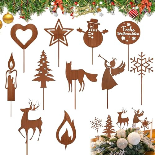 Roststecker Weihnachten, 11 Stück Gartenstecker Weihnachten, Gartenstecker Rost Weihnach-Ten, Ro-st Deko Weihna-chten, Weihnachtsstecker Ros-t, Gartenste-cker Weihnac-hten Ros-t, für Draußen