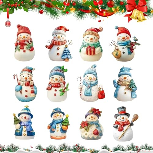 KLINNA 12 PCS 2D Acryl Schneemann Anhänger, Bruchsicherer Christbaumschmuck als Kreative Weihnachtsdeko, Leichtes Weihnachts Baum Basteln Set für Zweige und Fenster, Baumschmuck Weihnachten