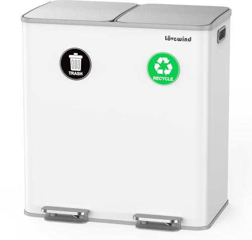 lovewind Poubelle Cuisine,2 X 30l, Poubelle Tri Selectif,en Acier,Inoxydable,Couvercles en Douceur,Avec Couvercle et Seaux IntéRieurs, Couvercle Avec Fonction Soft Close,Blanc