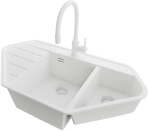 PRIMAGRAN Granitspüle ab 70er Unterschrank + Küchenarmatur, 90x50cm | Set: Küchenarmatur BW6020 + Ablauf-Set (Siphon, Ablaufgarnitur, Überlauf) + Spülbecken 1,5 Becken - Kopenhagen, Alles Weiß