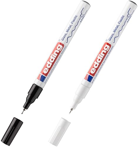 edding 780 Glanzlackmarker - - Packung mit Lackmarker - extra-feine Rundspitze 0,8 mm - Lackstift für Glas, Stein, Holz, Kunststoff und Papier - wasserfest (2 Stifte - Weiß & Schwarz)