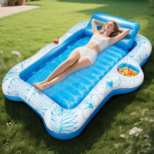 Inflatable Tanning Pool Lounger Float, 70x53/180×120 cm Adults Inflatable Suntan Lounger Pool Sofa with Pillow & Dual Cup Holders, Sunbathing Bed Lounge for Beaches, Backyards, Patios & Swimming Pool