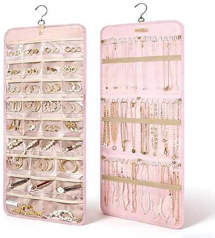 Rthynti Hanging Jewellery Organiser, Dual-Sided Jewellery Storage with Metal Hooks, Necklace Storage with 48 Pockets And 3 Wave-Shaped Hooks for Earrings Necklaces Rings (Pink)