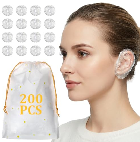 200 Pcs Ear Covers for Shower Disposable Ear Covers for Hair Dye Clear Plastic Ears Shower Caps with Soft Elastic, One Size for Adults, with Drawstring Storage Pouch for Neat, Travel-Ready Carry