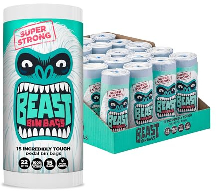 BEAST Bin Bags, 22L Strong, Drawstring, 100% Recycled Plastic (300 Bags) | Strong & Leak Resistant, Easy Drawstring Closure, Ideal for Kitchen, Bathroom & Office Pedal Bins, Monstrously Strong