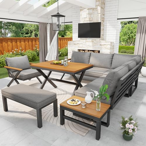 Merax Garden Furniture Outdoor Patio Dining Sofa Set, Conversation Set with Dining Table, Loveseat, Armchairs & Bench, with All Seat & Back Cushions, for Garden Yard Poolside, Grey
