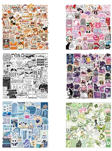 300 Lese-Aufkleber Set – Ästhetik Sticker für Buchliebhaber, 6 Farbstile | Buch- & Zitat-Motive, glänzendes Vinyl, passend für E-Reader, Laptop, Trinkflasche & Bullet Journal