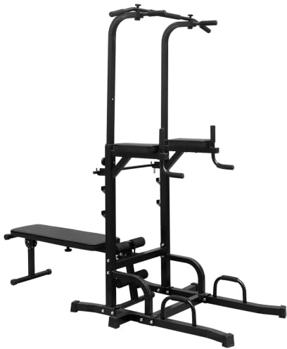 Power Tower Dip Station – Klimmzugstange freistehend höhenverstellbar 154–207 cm, Multifunktions-Kraftstation mit Ablagebank & Sitzbank, für Dips, Klimmzüge, Liegestütze & Bauchtraining
