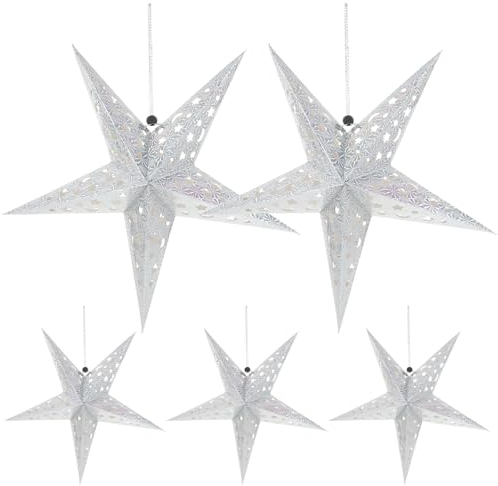 Uonlytech 5 Stück Papier Sternlaternen 45cm Stern Lampenschirm Hängende Weihnachtsdekorationen für Hochzeit Geburtstagsfeier Wohnkultur Weihnachten Halloween (silber)