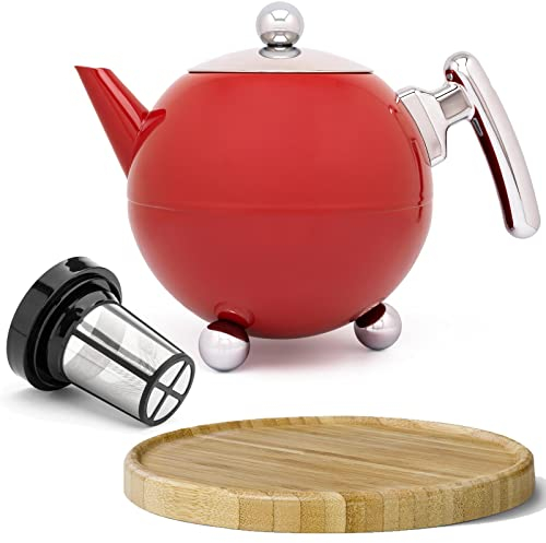 Bredemeijer Bella Ronde Edelstahl-Teekannen-Set 1,2L – Doppelwandige Edelstahlkanne mit Füßen, Kugelform, rot – Mit braunem Untersetzer & Tee-Filter Sieb-Aufsatz für losen & Blätter-Tee