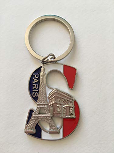 VIANAYA Porte clef Paris Tour Eiffel en métal et avec une lettre de l'alphabet - Modèle lettre S - Hauteur lettre 4,5CM - Hauteur totale 8,5CM