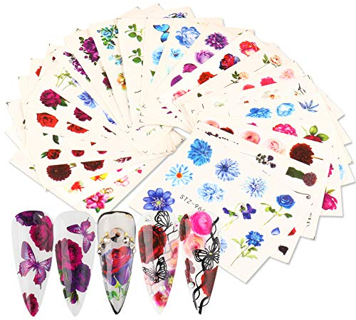 24 Blatt Flower Butterfly Nail Art Sticker, Mwoot Nail Art Wassertransfer Aufkleber Home Maniküre Decals mit Blumen Schmetterling für Frauen Party Favors DIY Nagelspitzen