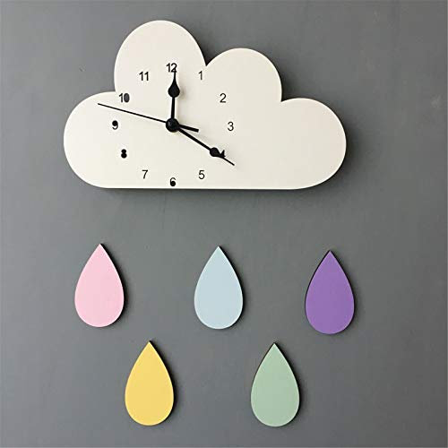 SWECOMZE Kinder Wanduhr Wolken, Uhr ohne Tickgeräusche, Kinderuhr für Kinderzimmer, Lautlos Uhrwerk, Cute Kreativität Kinderuhr Dekoriertes Kinderzimmer Wohnzimmer (Weiß Wolken + bunt Regentropfen)