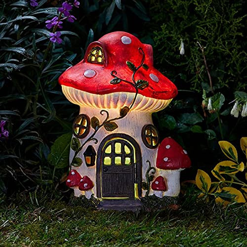 Garden Mile Solar Garden Ornament Outdoor Mushroom Fairy House LED Lighting, Solar Powered Shroom Outdoor Weatherproof Decoration Sculpture with Multi Colour LED's Resin Garden Statues