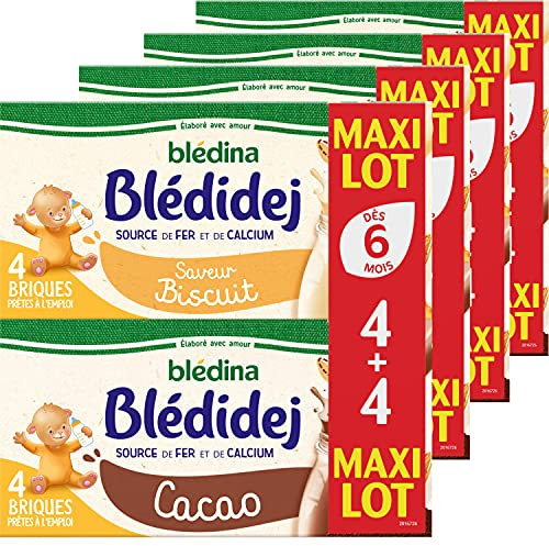Blédina Blédidej, Céréales bébé Lactées, Dès 6 Mois, Cacao / Saveur Biscuit, Maxi Lot 32x250ml (Lot de 4*8)