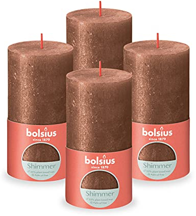 Bolsius Rustikale Stumpenkerze – schimmerndes Kupfer – 4 Stück – lange Brenndauer von 62 Stunden – Haushaltskerze – Innendekoration – geruchlos – inklusive natürlichem veganem Wachs – ohne Palmöl – 13