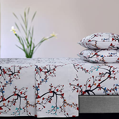 Tribeca Living Emilia Tree - Juego de sábanas de Franela de 170 g/m² con Bolsillo Extra Profundo, tamaño Queen, Multicolor, Color Rojo