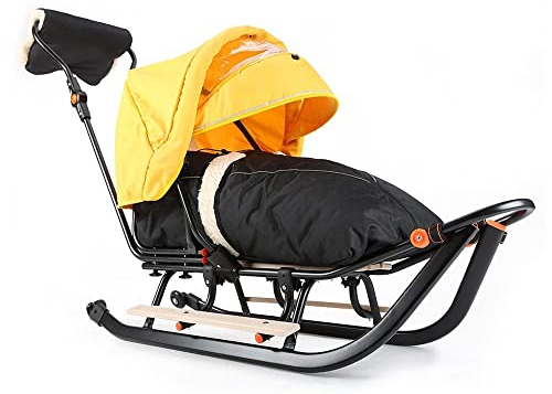 Teo & Gigi Rodelschlitten mit Rückenlehne | Davoser Schlitten mit Sicherheitsgurt und Winterfußsack | Baby Kinder Schlitten | MADE IN EU | ALL SEASONS PLUS | schwarz + gelb