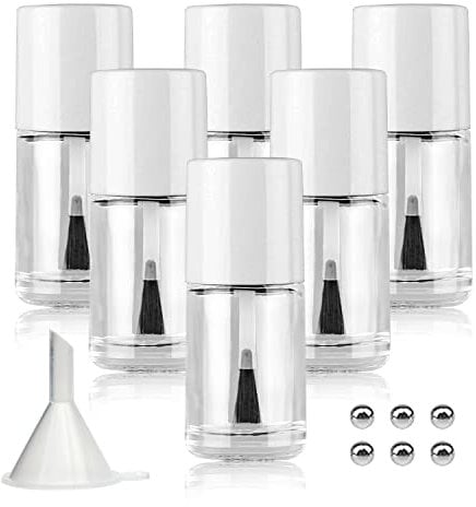 Agidea 6PCS Empty Nail Polish Bottles with Brush, Empty Refillable DIY Glass Nail Polish Bottles with Funnel & Mixing Balls (15ML, White)