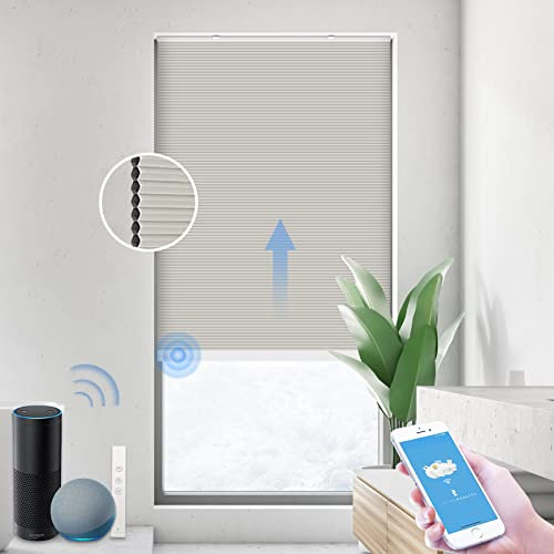 THIRDREALITY ZigBee Smart Blind, Motorized Blackout Window Shades with Remote, Cordless Honeycomb Blinds, Automatic Height Setting, AA Batteries Powered, 27 W x 72 H Beige/White