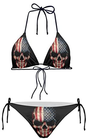 Howilath Maillot de bain bikini triangle rembourré dos nu pour la plage, la mer, la natation, le drapeau national guépard galaxie, Drapeau américain - Tête de mort, L