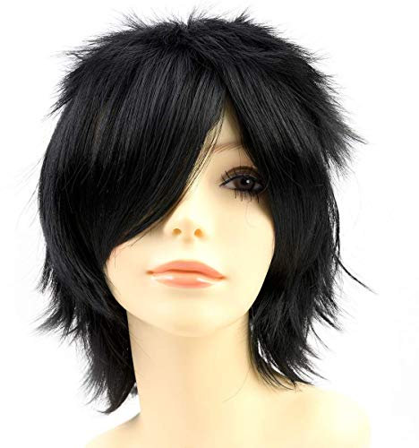 Yamel Anime Wig Dark Black for Cosplay Party, Synthetic Layered Short Hair Wigs with Bangs, Pastel Wigs for Women Men Adult