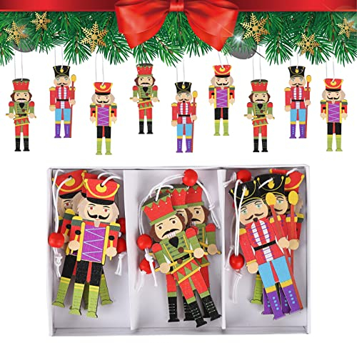 Jodsen Weihnachtsbaumschmuck,9Pcs Nussknacker Holzanhänger Weihnachten Mini Nussknacker Soldat Figuren Baumschmuck Nussknacker Kinder Marionettenkönig für Weihnachtsfeierdekoration
