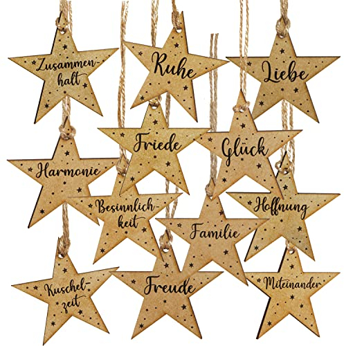 Logbuch-Verlag 12 Weihnachten Sterne mit Sprüche Holz Anhänger mit Schnur 7,5 cm Weihnachtsbaumschmuck