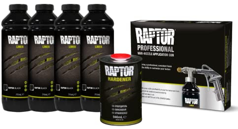 Raptor Pintura Protectora Kit de 4 Botellas, 3,79 litros (Incluido el endurecedor), Negro con una Pistola Profesional Raptor de Boquilla Variable