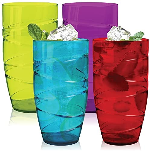 HEFTMAN Plastikbecher 4er-Set - 550 ml Acryl-Trommelgläser mit Wirbel-Design - wiederverwendbare Kunststoffgläser für Garten, Picknicks, Camping, Grillabende, Partys - 4 Stück (Farbig)