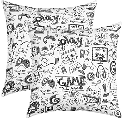 Gaming Kissenbezüge 45x45 Satz von 2, Kinder Gamepad Cartoon Wurf Kissenbezüge für Draußen, Video Games Gamers Dekorative Akzent Kissenbezüge, Hip Hop Graffiti Racing Car Kissenbezüge, Schwarz Weiß