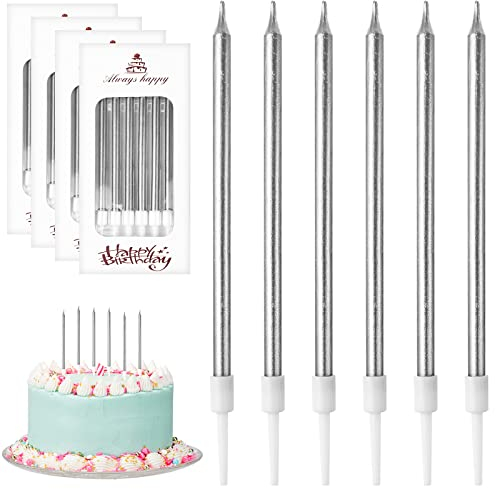 DONQL Birthday Cake Candles, Tall Cake Candles, Long Birthday Candles, Thin Cupcake Candles with Holders for Birthday Cake Baby Shower Cake Wedding Party Decoration (24Pcs Silver)