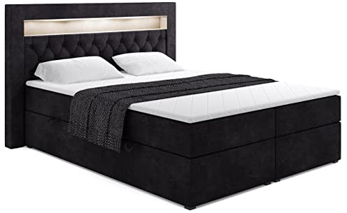ALTDECOR Boxspringbett mit Matratze und Lattenrost, LED Boxbett, Topper, Polsterbett mit Bettkasten, Bett mit Stauraum H3-Matratze, Doppelbett, Springboxbett - Noel Gold - 180x200 - Schwarz Samt