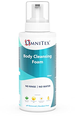 Omnitex Mousse nettoyante pour le corps sans rinçage 500 ml | Aux huiles végétales et vitamines | Sans eau – Sans rinçage | Nettoie, nourrit et protège | Sans parabènes, sans latex, sans alcool |