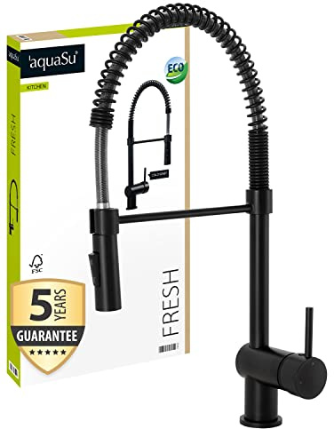 aquaSu® Spiralfederarmatur Küche mit Wasserspar-Kartusche, Kosten-sparende Kaltwassermittelstellung, hoher Auslauf, Keramikkartusche, Schaftbefestigung, Wasserhahn Fresh, Messingkern, schwarz, 798952
