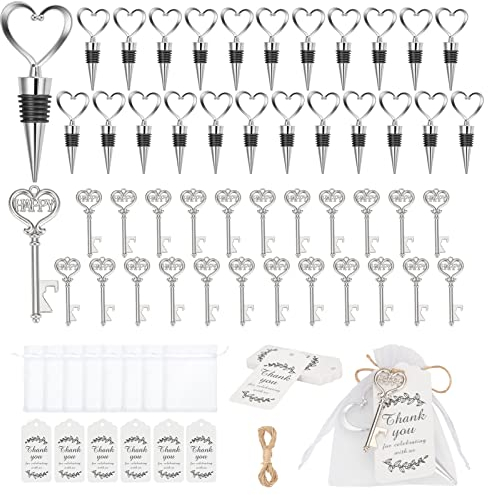CUSWARE 24-teiliges Set aus Schlüssel-Flaschenöffner und Weinkorken, Flaschenöffner-Schlüsselanhänger, transparente Tasche, Geschenkanhänger, Geburtstag, Bierkorkenzieher, Silber