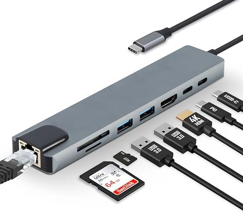 USB-C Hub 8 en 1, avec HDMI 4K@30Hz, Ethernet, PD 65W, Station d'accueil, Ports USB C et USB 3.0, Compatible avec MacBook Pro/Air, iPad Pro/Air, Steam Deck, etc. Lecteur de Carte SD/MicroSD.