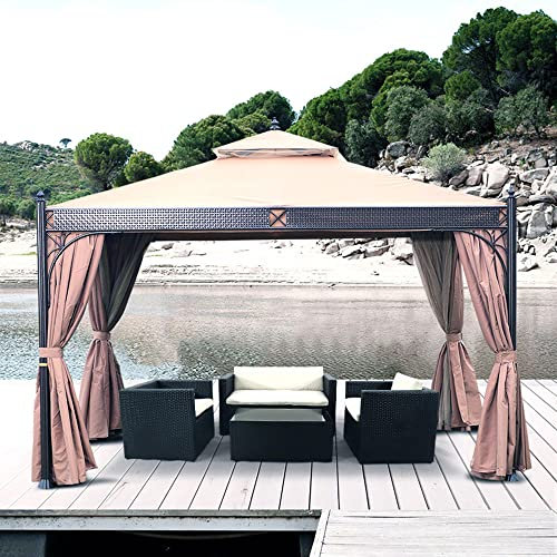 RNQZ 3 x 3 m Gartenpavillon für Terrassen, Rattan-System, Stahlkonstruktion, Double-Top-Design