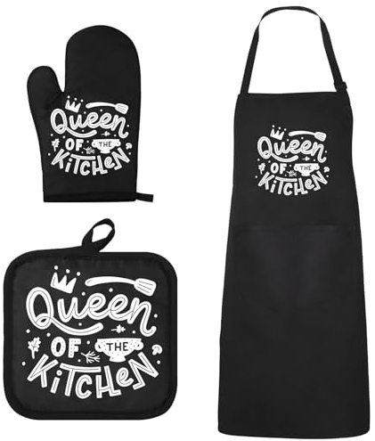 Xtinmee 3-teiliges schwarzes Schürzen-Set für Frauen, lustiges Kochgeschenk, inklusive schwarzer Schürze mit Tasche und Ofenhandschuh und Topflappen für Geburtstag, Einweihungsgeschenk für Mutter,