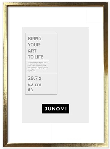 JUNOMI® Cadre photo DIN A3 en bois - Couleur or - Cadre photo doré avec verre acrylique incassable - Cadre photo en bois