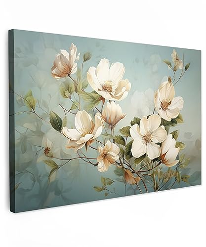 MuchoWow© Bilder 90x60 cm Wohnzimmer Deko Modern Wandbild Foto auf Leinwand Bild Schlafzimmer Room Decor Geschenke Vintage - Blumen - Weiß - Zweige - Natur