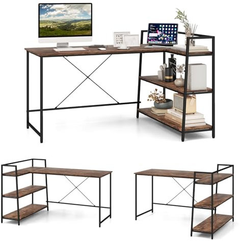 COSTWAY L-Shaped Computer Desk, Large Reversible Corner Desks with Open Storage Shelves, Space-Saving Writing Study Table PC Laptop Gaming Desk, Modern Simple Workstation (Black + Rustic Brown)