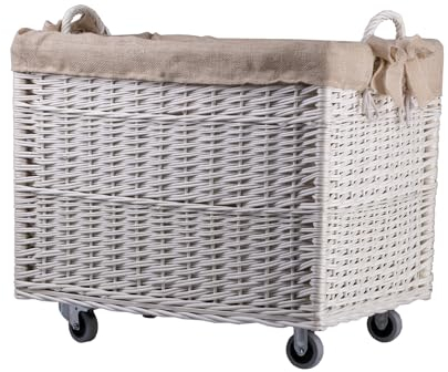 e-wicker24 Alles aus Weide Aufbewahrungskiste aus Weidengeflecht, rechteckiger Wäschekorb aus Weide, mit Rollen und Futter aus Jute-Stoff