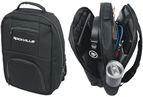 Rockville DJBP24 Robuster DJ-Rucksack, 11 Fächer, passend für 17-Zoll-Laptop, gepolsterter Schutz, wasserabweisend, bequeme Gurte, perfekt für DJs und Musiker