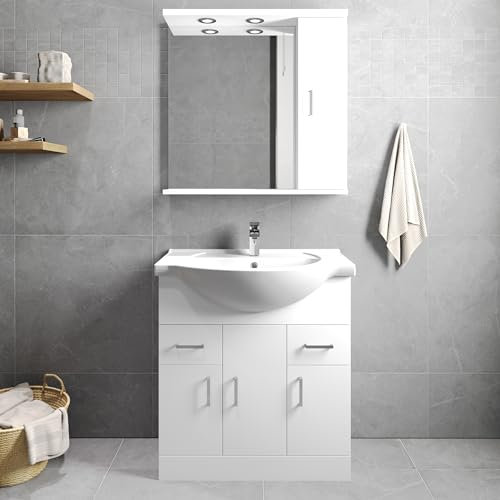 Balterley Vanity Unit with Basin Floor Standing, 3 Door 2 Drawer Soft Close with Curve Sink & Handle, Bathroom Vanity Units with Basin, Bathroom Sink Storage Cabinet - 755 x 485 x 836mm (White)
