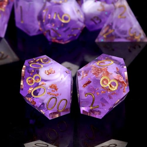 Haxtec Scharfkantige D&D Polyeder Würfel Set mit Metal Box | Lila-Nebel mit glänzender Kupferfolie, Scharfkantige Resin D&D Würfe, Handgefertigt, Geschenk für TTRPG, D&D Spieler